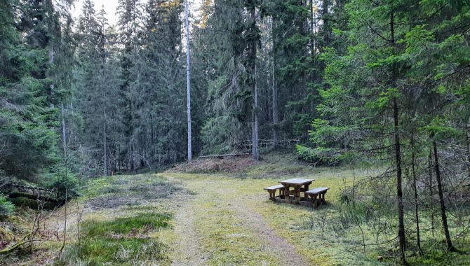 Grimmestorpsleden utanför Tidaholm. Skogsväg med sittplats för fika.