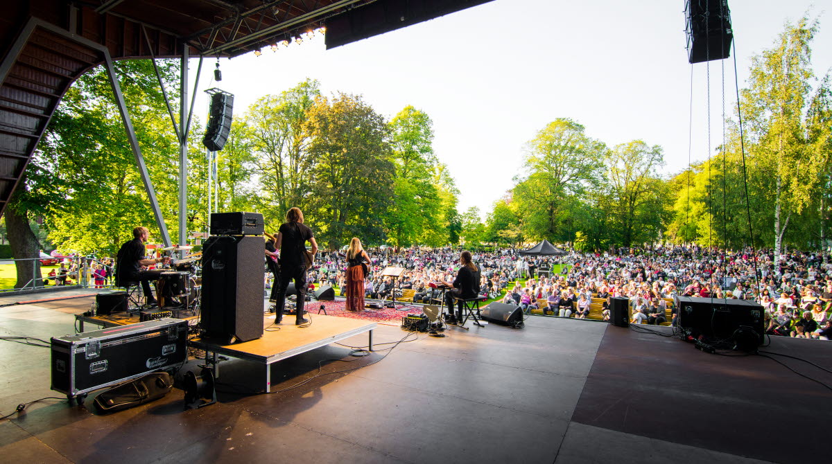 En konsert på sommaren med en bild över publiken i Stadsträdgården.
