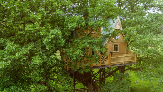 Gult hus med snickarglädje upp i ett träd.