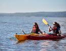 Two women kayaking.