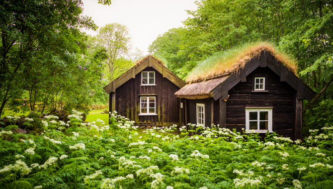 Old cottages in brown with grass on the roof. Lush and green nature all around.