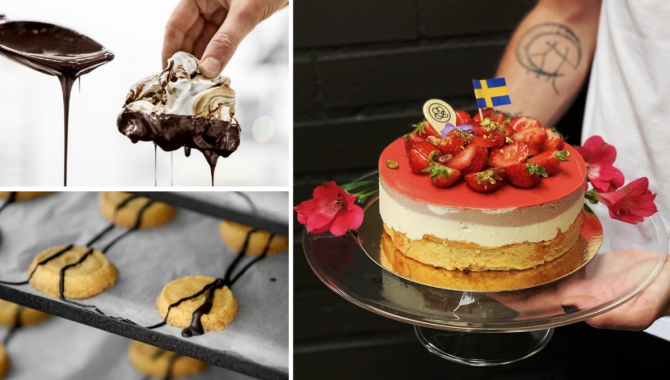 Somrigt dekorerad jordgubbstårta och småkakor och maränger dekoreras med smält choklad.