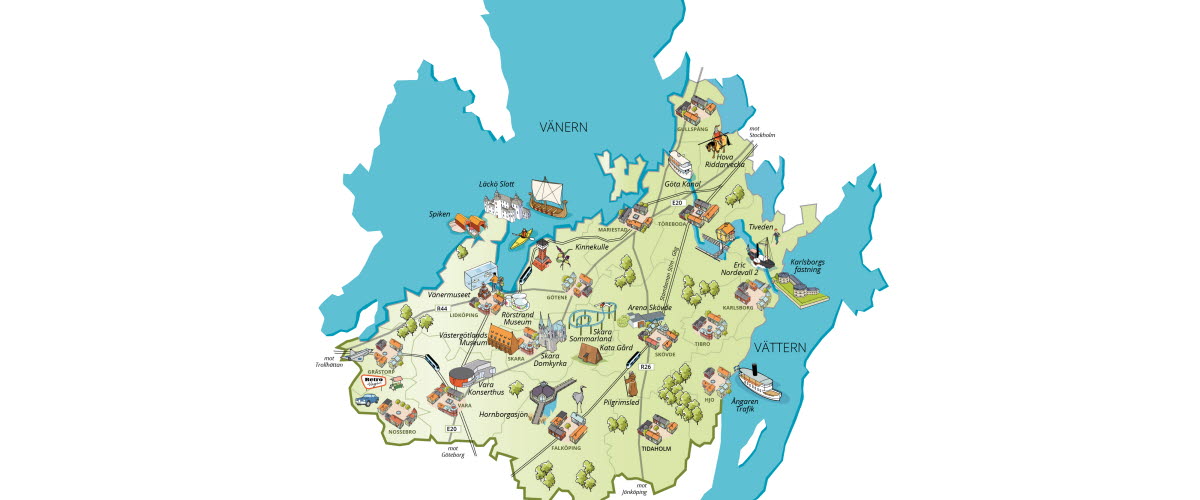 Karta över Skaraborg med små illustrationer för de stora besöksmålen. 
