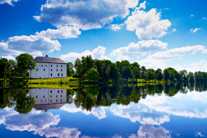 White castle with a lake infront