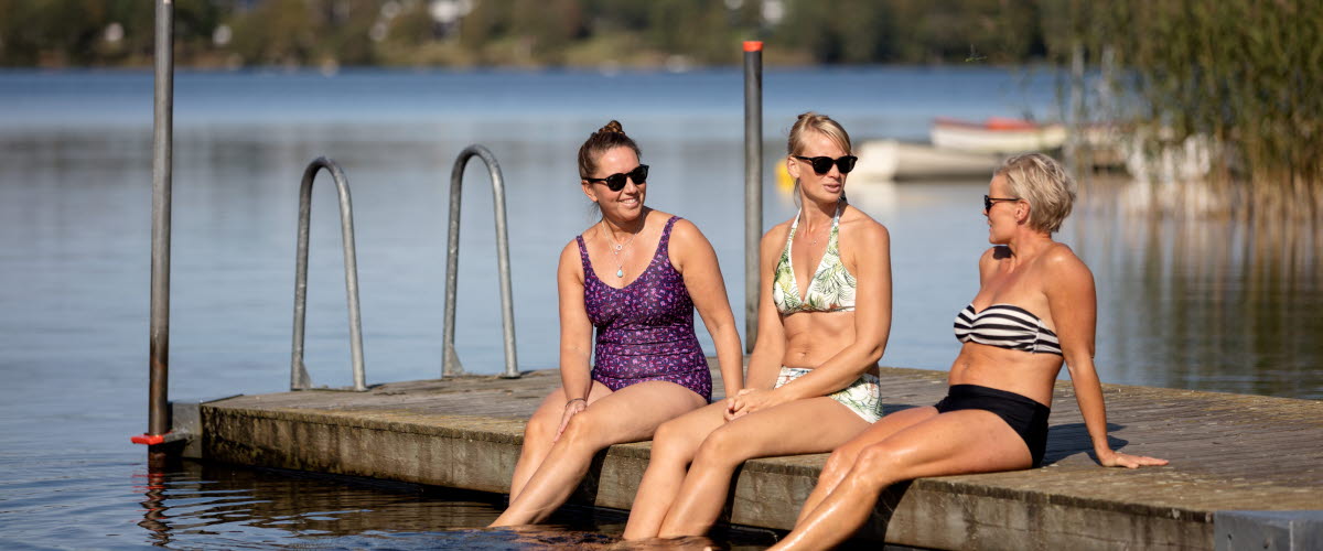Tre kvinnor sitter på en brygga med fötterna i vattnet