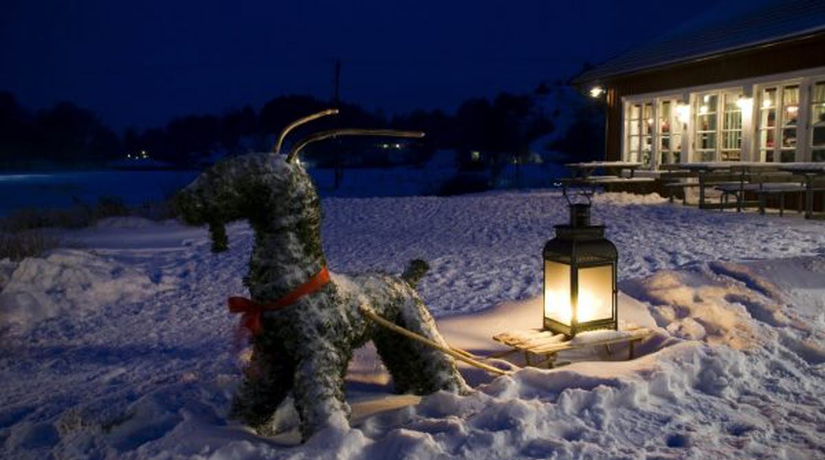 Bild på en julbock i snön framför restaurangen på Röe Gård