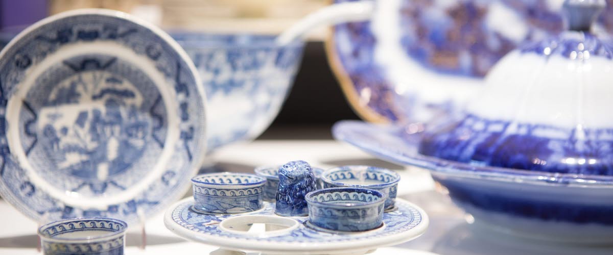 Porcelain in blue and white at a museum