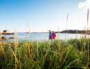 I förgrunden syns vass och högt gräs, I bakgrunden syns två personer som promenerar längst en strand på Sydkoster.