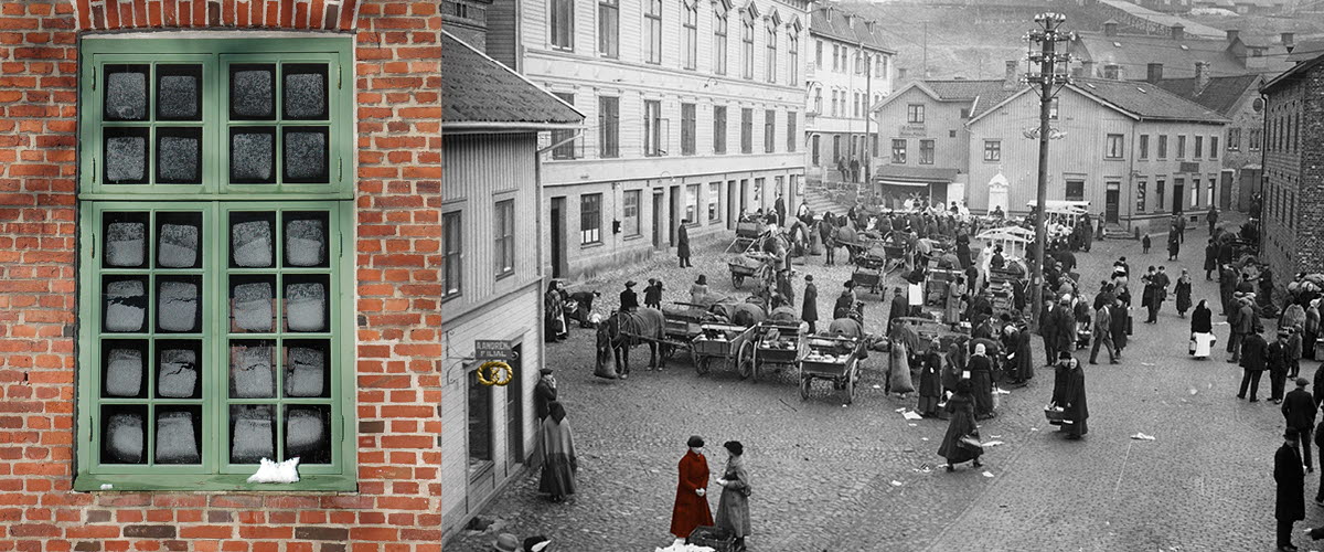 Kollage av två bilder. Tegelvägg med fönster samt marknadsdag i Kvarnbyn. 