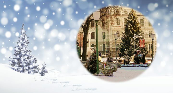 Montage: Ett foto på en stor julgran i stadsmiljö på en illustrerad bakgrund med snöflingor och granar.