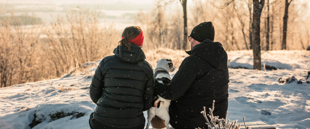 Man och kvinna i vinterkläder sitter på en bänk med en hund mellan sig. Tittar ut på vinterlandskapet.