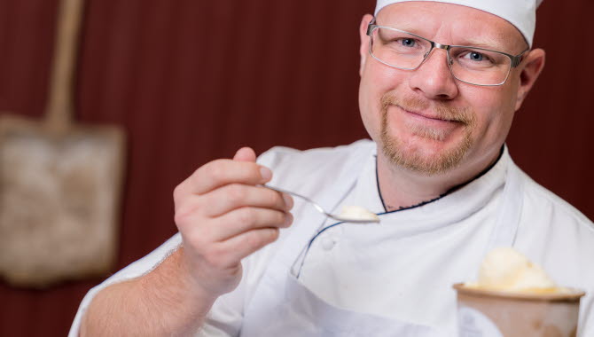 Ice cream maker tried his own made ice cream.