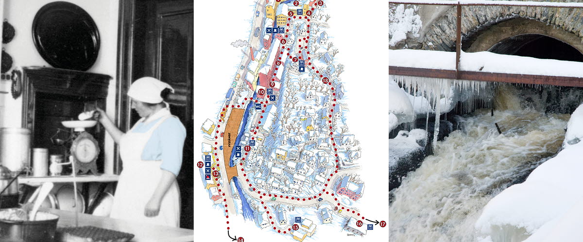 Kollage med tre olika bilder. Ett svartvitt foto med en kvinna i ett kök, en karta över Jul i Kvarnbyn-området, och en fors.