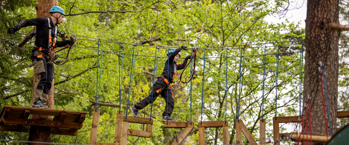 Pojke med hjälm och säkerhetslina klättrar på bokstäver som bildar ordet UPZONE som är uppspända mellan träd. Till vänster står en man/pappa på en platform i trä uppe i träden.