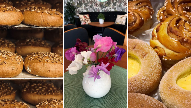 Nybakade brödlimpor med frön, kanelsnurror och sockerbullar med vaniljkräm serveras i caféet med retromöbler.