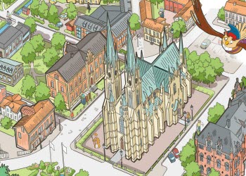 Tecknad bild för Birger Ugglas kulturvandring. Uggla som flyger över Domkyrkan.