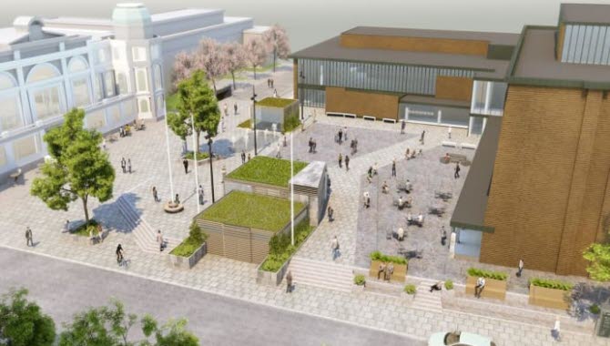 En digital bild över hur man tänker sig att Kulturhustorget ska se ut efter restaureringen.