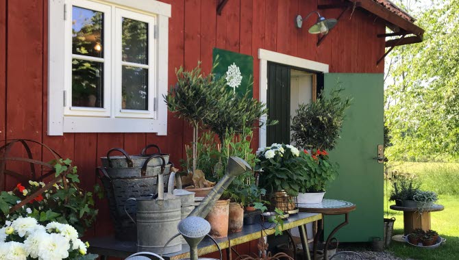 Ingången till gårdsbutiken pyntad med vackra blomdekorationer