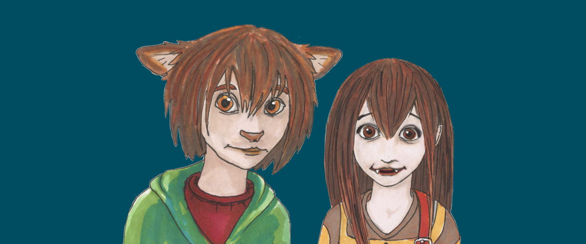 En tecknad bild på Kira och Luppe från böckerna KLUB med blå bakgrund.