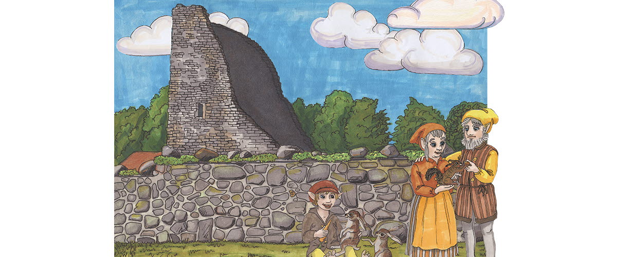 En målad bild av vättar och harar framför en ruin. 