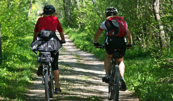 Två personer som cyklar på en skogsväg. De har ryggsäckar och hjälmar på sig och man ser dem bakifrån