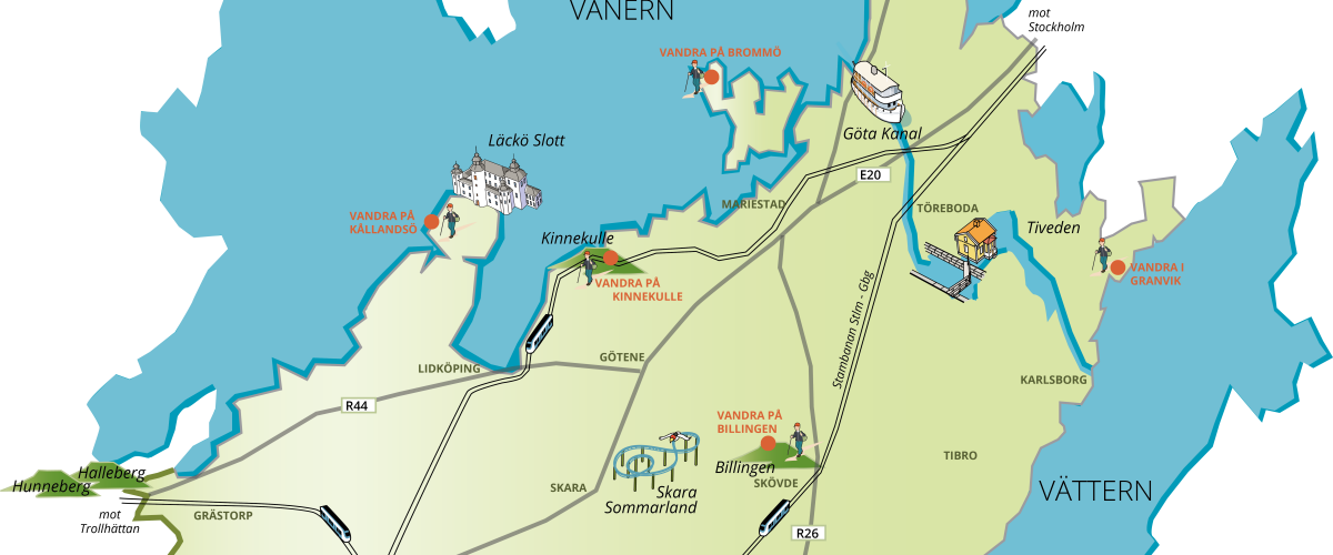 Karta över Skaraborg som visar sex vandringsleder utmärkta på kartan. 