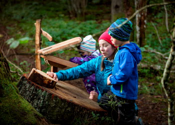 En kvinna och två barn räknar ringar på en stubbe.