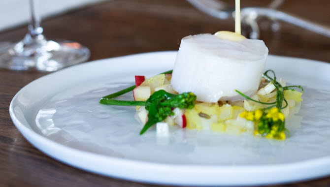 Plate with luxurious food and a glass of wine.